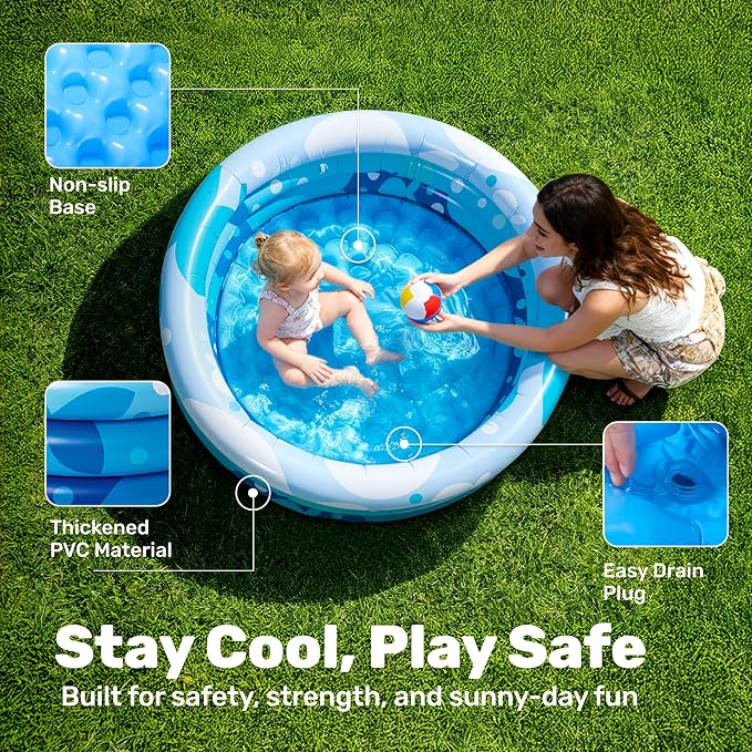 Sloosh Inflatable Kiddie Pool, 34"x10" Blow Up Kid Swimming Pool,3 Rings Blue Baby Pool for Toddler,Play Pit for Dog with Geometric Pattern for Summer Water Party Backyard Garden(Fish)