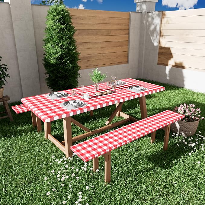 Smiry Picnic Table Cover with Bench Covers, Waterproof Elastic Fitted Tablecloths for 6 Foot Rectangle Tables, Washable Buffalo Plaid Tablecloth for Camping & BBQ (Red & White, 30"x72")