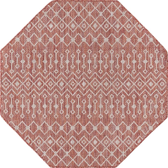 Unique Loom Outdoor Trellis Collection Area Rug - Tribal Trellis (5' 3" Octagon, Rust Red/ Ivory)