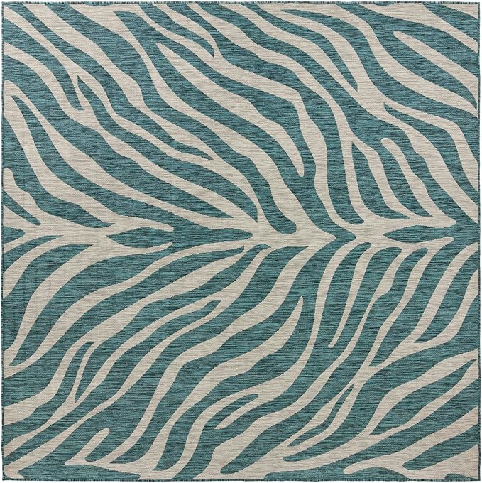 Unique Loom Outdoor Safari Collection Area Rug - Tsavo (10' Square, Teal/ Ivory)