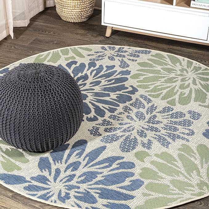 JONATHAN Y Floral Textured Weave Indoor Outdoor Round Area Rug 8 Ft Navy/Green, Zinnia Modern for Backyard, Patio, Porch, Easy-Cleaning, High Traffic, Pet-Friendly, Non-Shedding (SMB110B-8R)