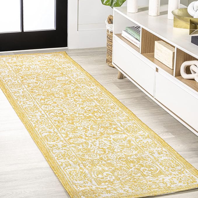 JONATHAN Y Weave Floral Indoor Outdoor Runner Rug 2X8 Yellow/Cream, Tela Bohemian Textured for Backyard, Patio, Porch, Easy-Cleaning, High Traffic, Pet-Friendly, Non-Shedding (SMB100E-28)