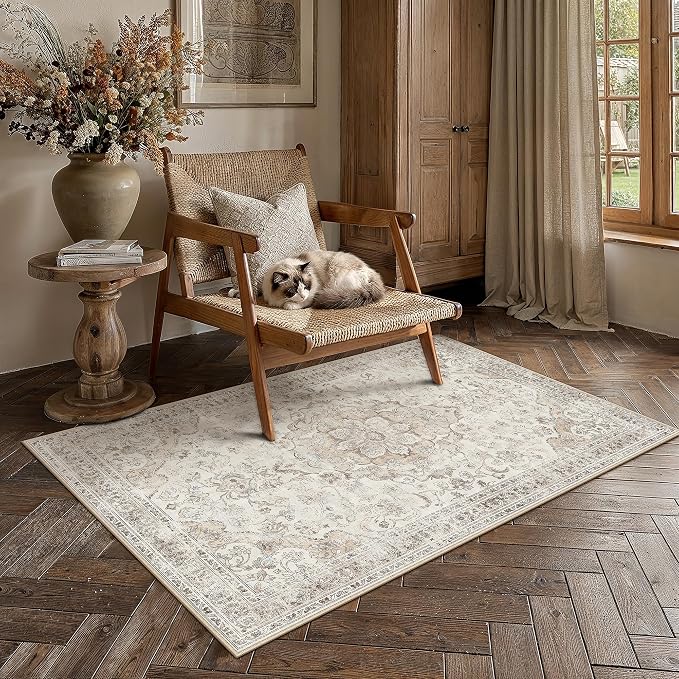 Beige Area Rug 3x5 Entryway Vintage Floral Non-Slip Carpet | Machine Washable, Soft, Low Pile, for Bedroom, Dining Room, Kids Room, Nursery, Office, Retro Neutral Decor