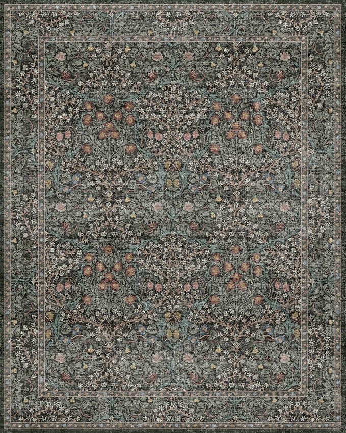 Washable Dark Green 10x12 Rug for Living Room - Extra Large Area Rugs for Dining Room Under Table, Bedroom, Soft Low Pile Non Slip Stain Resistant Carpet - Vintage Floral Design Non-Slip