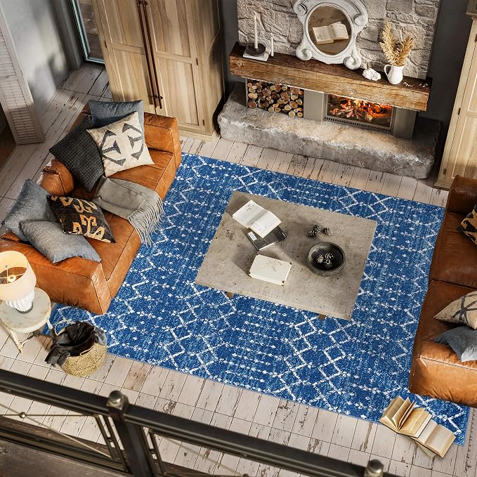 JONATHAN Y Boho Vintage Diamond Blue/White Indoor Area Rug 8X10 ft, Moroccan Hype for Living Room, Bedroom, Kitchen, Office, Easy-Cleaning, High Traffic, Pet-Friendly, Non-Shedding (MOH101A-8)
