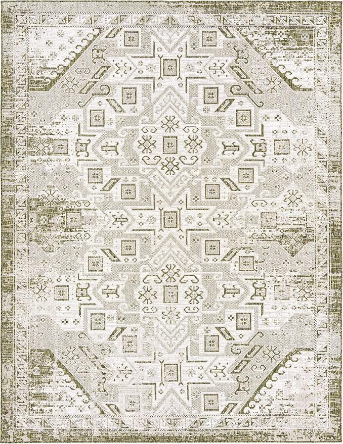 Unique Loom Outdoor Aztec Collection Area Rug - Coba (9' x 12' 2" Rectangle, Green/ Ivory)