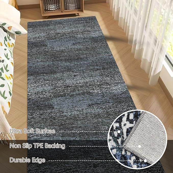 Washable Area Rug - 1/6 Thick - Stain & Water Resistant Non-Slip - Resistant Rug for Living Room, Bedroom, Nursery, Pet & Child Friendly, Vintage Charm Area Rugs (Darkgrey+Bule, 2'6'' x 8')