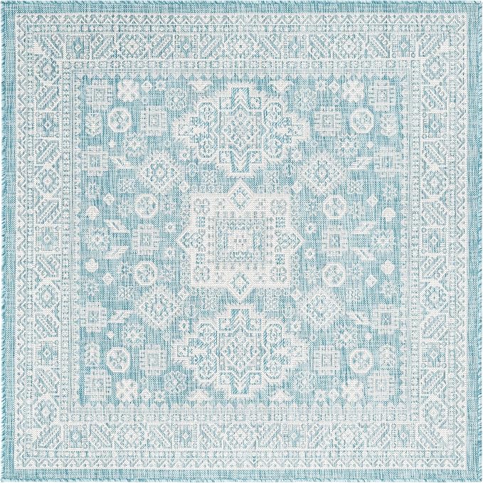 Unique Loom Outdoor Aztec Collection Area Rug - Chalca (5' 3" Square, Aqua/ Ivory)