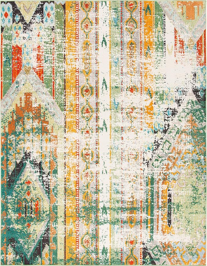 SAFAVIEH Madison Collection X-Large Area Rug - 12' x 15', Green & Orange, Boho Chic Tribal Distressed Design, Non-Shedding & Easy Care, Ideal for High Traffic Areas in Living Room, Bedroom (MAD422Y)