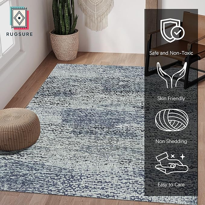 Washable Area Rug - 1/6 Thick - Stain & Water Resistant Non-Slip - Resistant Rug for Living Room, Bedroom, Nursery, Pet & Child Friendly, Vintage Charm Area Rugs (Grey+LightTeal, 9' x 12')