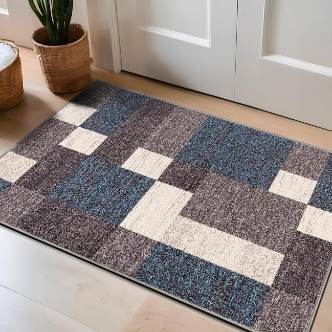 Rugshop Modern Boxes Non-Slip Living Room Kitchen Area Rug Blue 2'7" x 4' | Rectangular, Size 2'7" x 4', Bedroom, Dining Room, Home Office, Entryway, Hallway, Nursery, Kids Room, Guest Room, Bedside