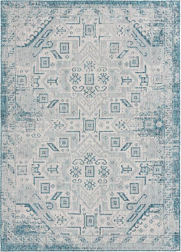 Unique Loom Outdoor Aztec Collection Area Rug - Coba (7' 10" x 11' Rectangle, Teal/ Ivory)