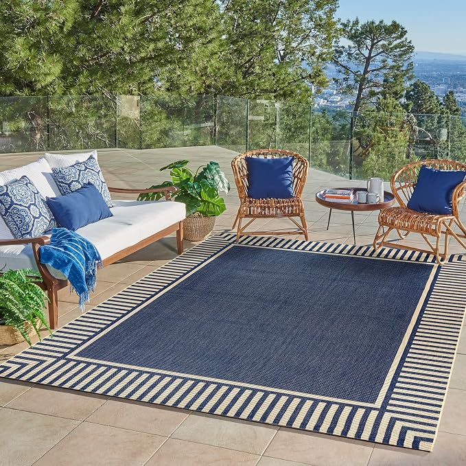 Gertmenian Indoor/Outdoor Flatweave Area Rug - 6x9 Medium, Stain & UV Resistant, Ideal for Deck, Patio, Poolside, Mudroom - Klano Striped Navy, Sand, 25416