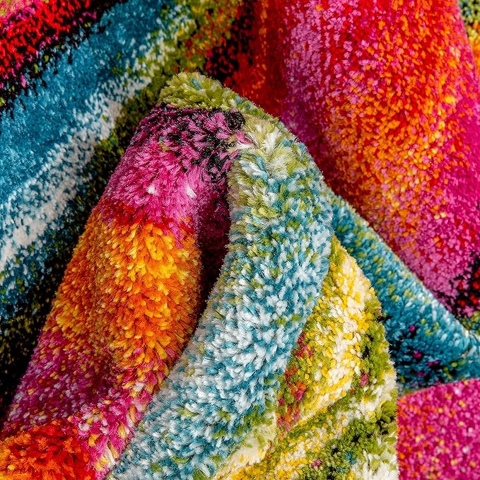 Well Woven Aurora Multi Red Yellow Orange SwirlLines ModernGeometric Abstract Brush Stroke Area Rug(7'10inx9'10in)Easy Clean Stain Fade Resistant Shed Free Contemporary Painting ArtStripe Thick Soft
