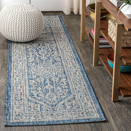 JONATHAN Y Medallion Weave Indoor Outdoor Runner Rug 2X8 Navy/Gray, Sinjuri Textured for Backyard, Patio, Porch, Easy-Cleaning, High Traffic, Pet-Friendly, Non-Shedding (SMB101B-28)