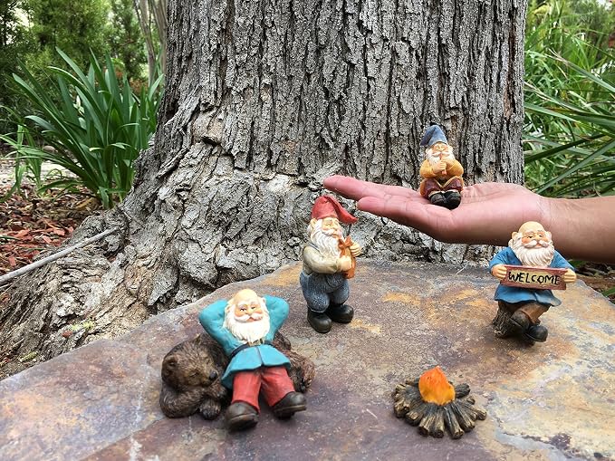 GlitZGlam Happy Gnomes Camp - 6 Piece Garden Gnome Set for The Miniature Fairy Garden