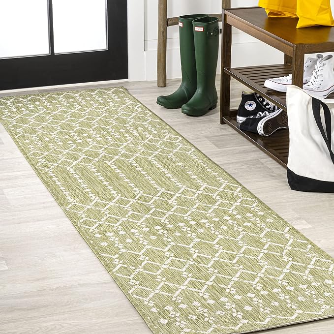 JONATHAN Y Moroccan Geometric Indoor Outdoor Runner Rug 2X8 Light Green/Cream, Ourika Textured Weave for Backyard, Patio, Porch, Easy-Cleaning, High Traffic, Pet-Friendly, Non-Shedding SMB108N-28