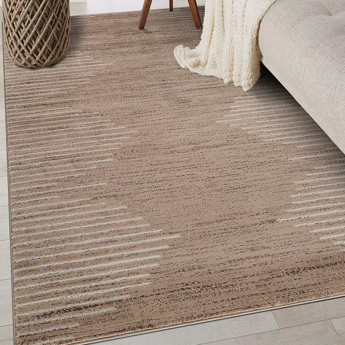 Rugshop Bohemian Stripe Stain Resistant High Traffic Area Rug Beige 5' x 7' | Rectangular, Size 5' x 7', Living Room, Bedroom, Dining Room, Home Office, Kitchen, Entryway, Hallway, Nursery, Kids Room