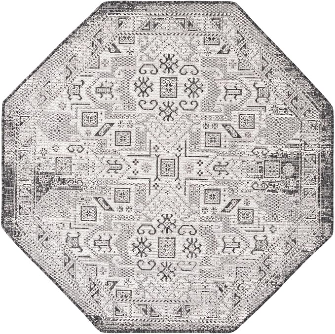 Unique Loom Outdoor Aztec Collection Area Rug - Coba (5' 3" Octagon, Charcoal Gray/ Ivory)