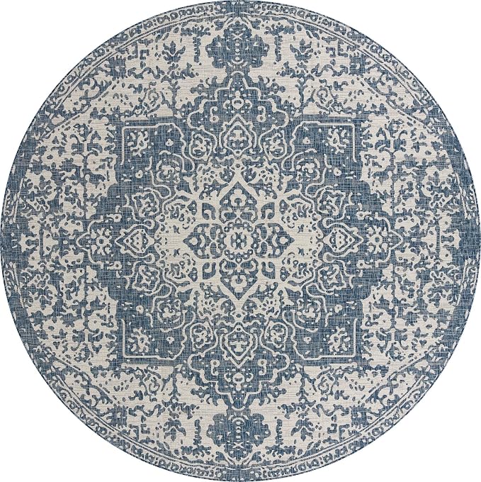 Unique Loom Jill Zarin Outdoor Collection Area Rug - Dubai (10' 8'' Round, Blue/ Ivory)