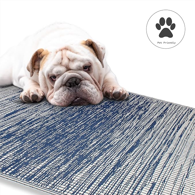Fab Habitat Abstract Distressed Stripes Outdoor Rug - Waterproof, Fade Resistant, Crease-Free, Reversible - Premium Recycled Plastic - Patio Porch Balcony Deck - Brooklyn Blue - 8x10 ft