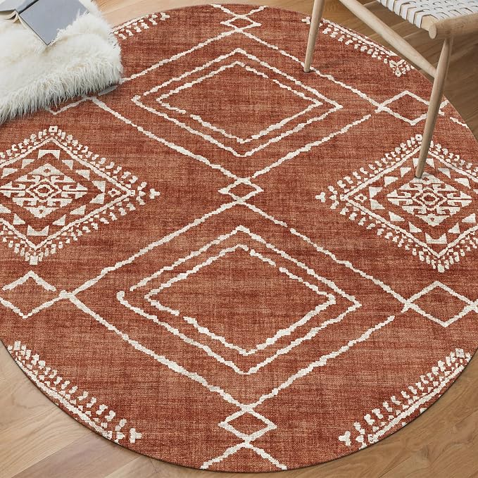 Machine Washable Area Rug - Living Room Bedroom Bathroom Kitchen Entryway Office - Non Slip Low Pile Stain Resistant Premium - Moroccan Diamond Tribal - Jax - Orange 4' Round
