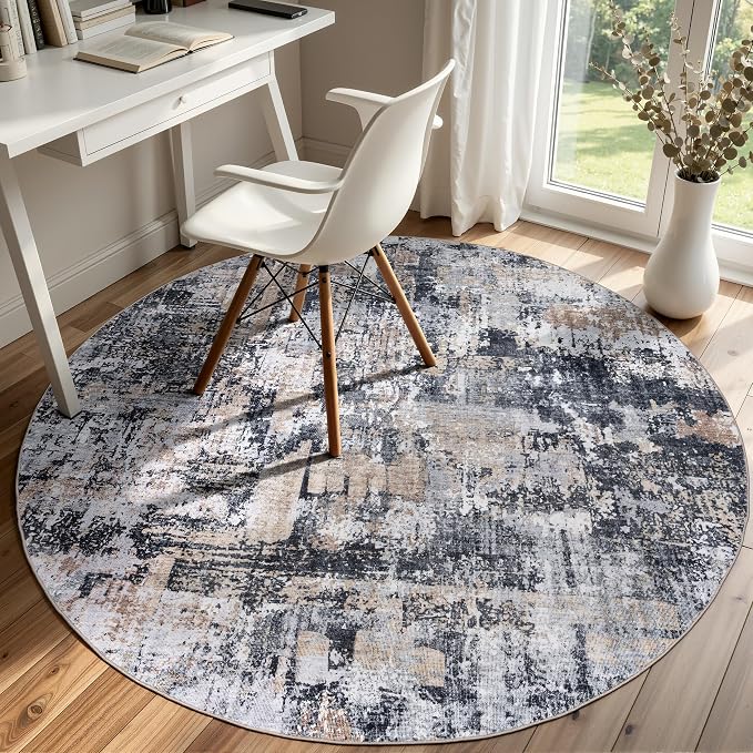 Sasttie 4ft Round Area Rug, Modern Abstract Circle Carpet, Black & Cream | Machine Washable, Ultra-Soft Faux Wool, Low Pile, Non-Slip, Lightweight, Thin, for Living Room, Bedroom, Dinning Room & Dorm