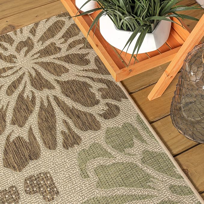 JONATHAN Y Floral Textured Weave Indoor Outdoor Square Area Rug 6X6 Sage/Brown, Zinnia Modern for Backyard, Patio, Porch, Easy-Cleaning, High Traffic, Pet-Friendly, Non-Shedding (SMB110A-6SQ)