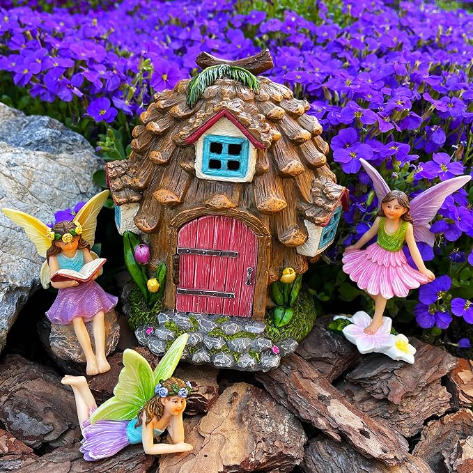 Mood Lab Fairy Garden Figurines - Pinecone Fairy House Set (4 pcs) - Miniature Decorative Statues & Accessories - Outdoor & Indoor Garden Decor