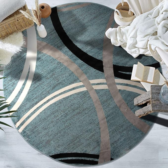 Rugshop Wavy Circles Modern Jute Backing Living Room Round Rug Blue 8' | Round, Bedroom, Dining Room, Home Office, Kitchen, Entryway, Hallway, Nursery, Kids Room, Guest Room, High Traffic Area