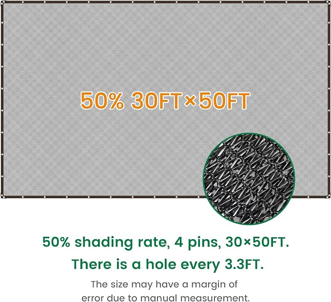 50% 30 X 50 FT Black Shade Cloth, Outdoor Woven Sun Shade with Grommets, Durable Breathable Netting Shading Antifreezing for Patio, Garden, DIY Home, Plants Cover, Greenhouse, Dog Kennel