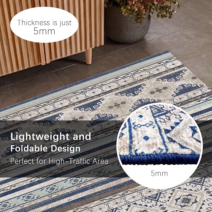 Washable Area Rugs 3' x 5 ' - 1/6 Thick - Moroccan-Inspired -Stain & Water Resistant Non-Slip - Resistant Rug for Living Room, Bedroom, Nursery, Pet & Child Friendly (Blue and Brown)