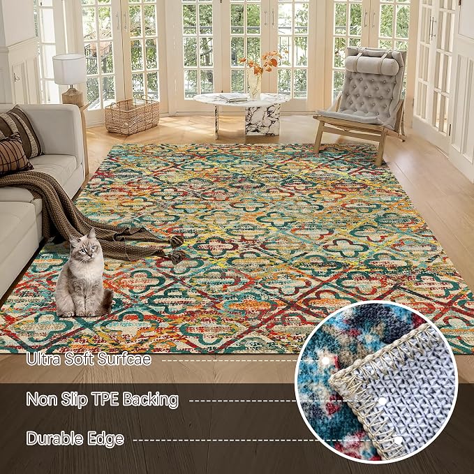 Washable Area Rugs, 9' x 12' - 1/6 Thick - Stain & Water Resistant Non-Slip - Perfect Resistant Rug for Living Room, Bedroom, Nursery, Pet & Child Friendly, Vibrant Colors Rugs, Multicolor