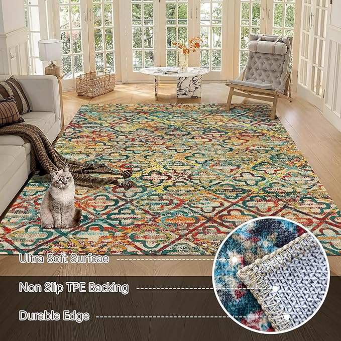 Washable Area Rugs, 5' x 7' - 1/6 Thick - Stain & Water Resistant Non-Slip - Perfect Resistant Rug for Living Room, Bedroom, Nursery, Pet & Child Friendly, Vibrant Colors Rugs, Multicolor