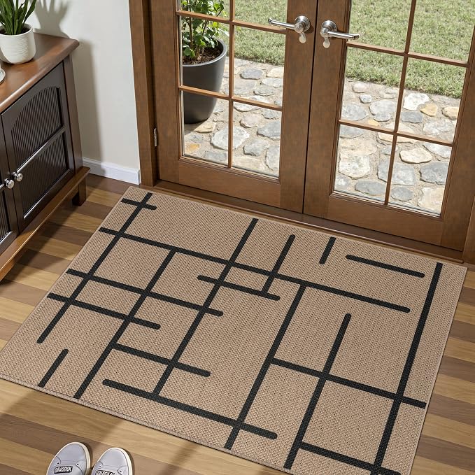 Tangsoo Easy Jute 2x3 Rug for Entryway,Small Washable Thin Outdoor Rug Modern Non-Slip Stripe Front Door Mat Small Throw Carpet for Kitchen Porch Doorway Bedroom Entry