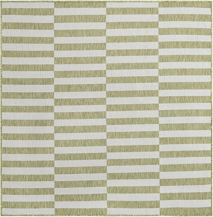 Unique Loom Outdoor Striped Collection Area Rug - Striped (5' 1" Square Green/Ivory)