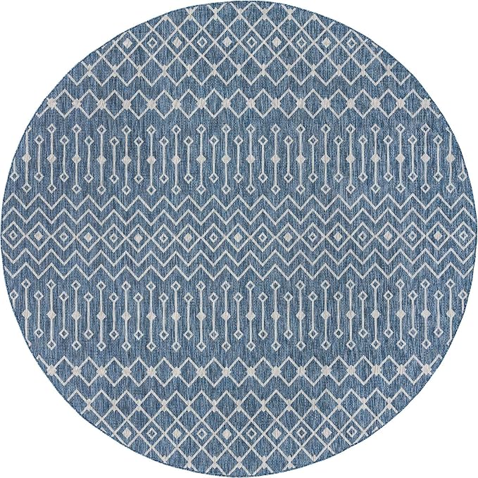 Unique Loom Outdoor Trellis Collection Area Rug - Tribal Trellis (12' Round, Blue/ Ivory)