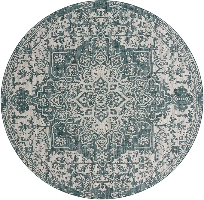 Jill Zarin Jill Zarin Outdoor Collection Area Rug - Dubai (10' 8" Round, Teal/Ivory)