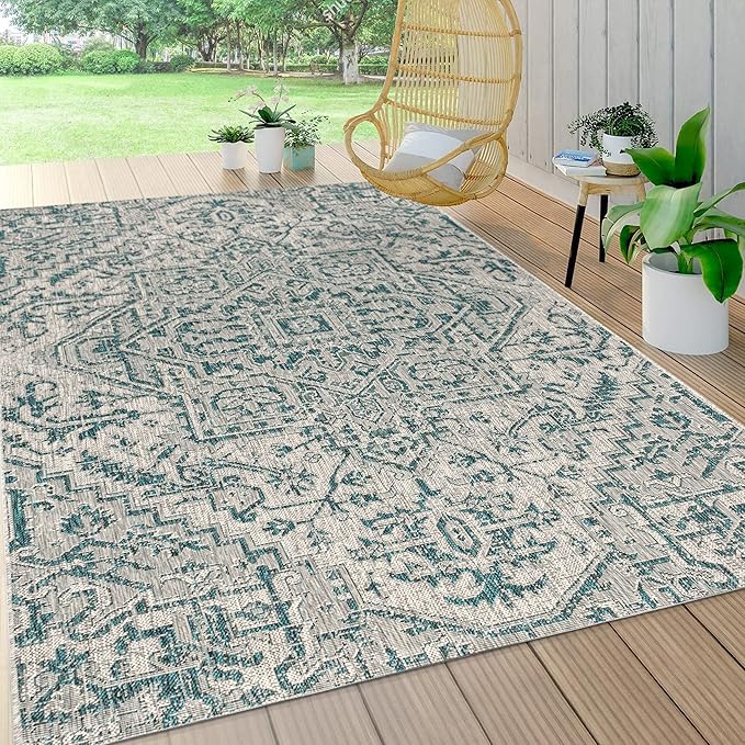 JONATHAN Y Boho Medallion Indoor Outdoor Area Rug 9X12 Teal/Gray, Estrella Textured Weave for Backyard, Patio, Porch, Easy-Cleaning, High Traffic, Pet-Friendly, Non-Shedding (SMB105C-9)