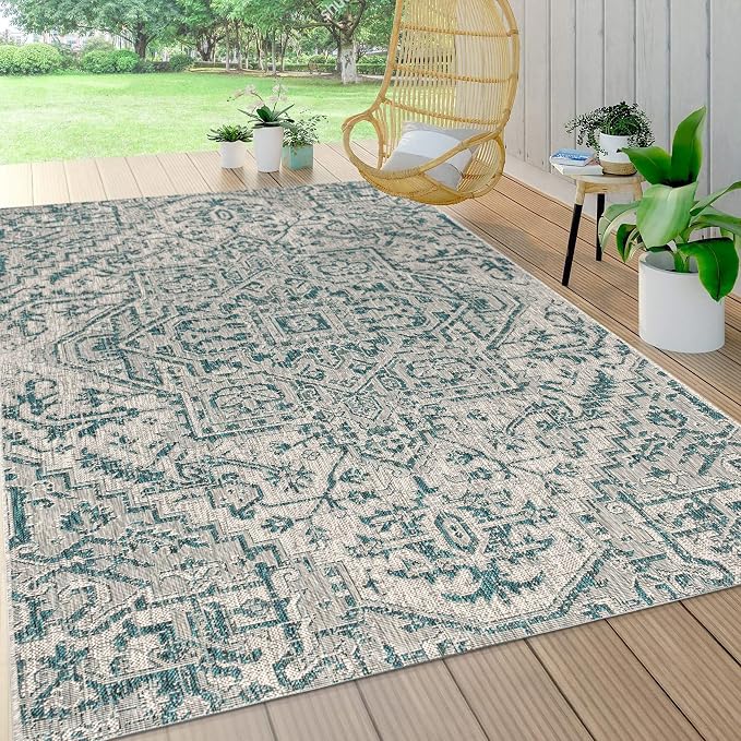 JONATHAN Y Boho Medallion Indoor Outdoor Area Rug 4X6 Teal/Gray, Estrella Textured Weave for Backyard, Patio, Porch, Easy-Cleaning, High Traffic, Pet-Friendly, Non-Shedding (SMB105C-4)