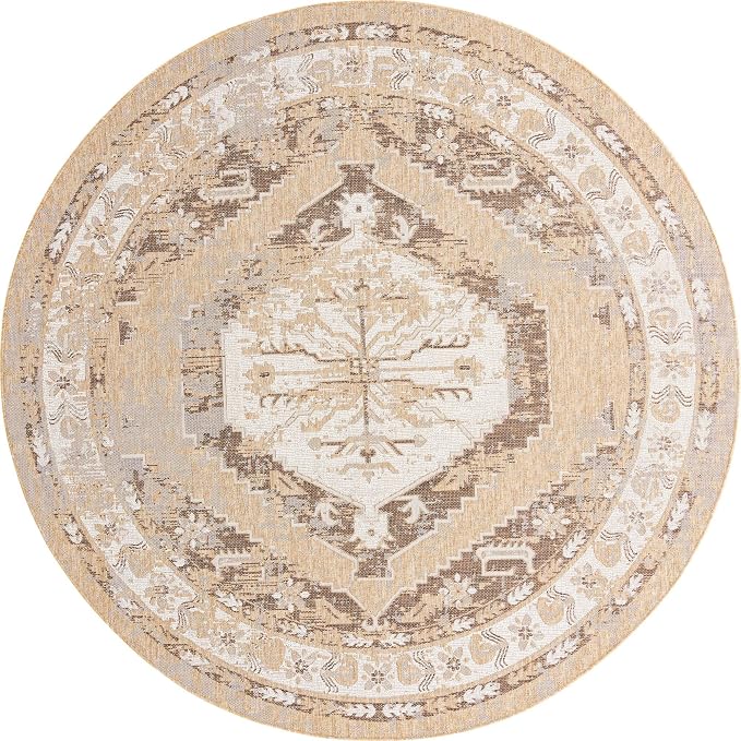 Unique Loom Outdoor Traditional Collection Area Rug - Valeria (10' Round, Natural/ Ivory)