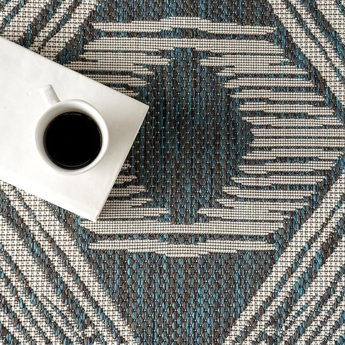 Nuloom Ranya Turquoise/Ivory, 9'6" x 12', Tribal Geometric, Soft and Cozy, High Traffic, Stain Resistant, Easy Clean, Durable Area Rug for Indoor/Outdoor Patio, Deck, Porch, Garden, Courtyard