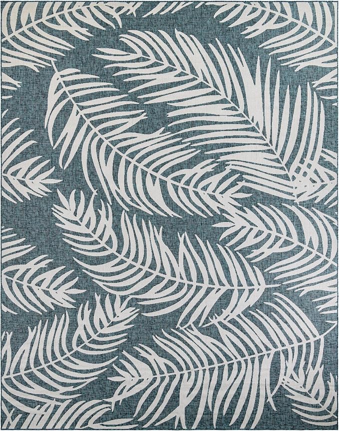Unique Loom Outdoor Botanical Collection Area Rug - Palm (10' x 13' 1" Rectangle Teal/Ivory)