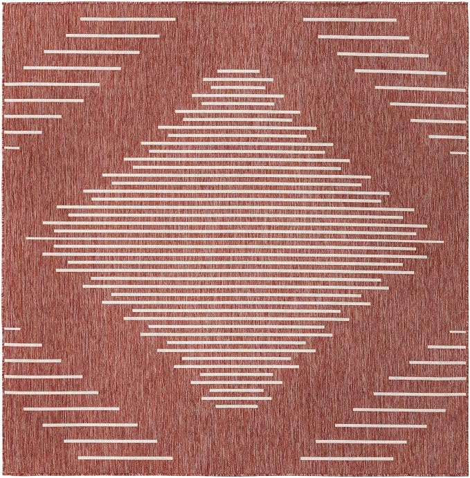 Unique Loom Outdoor Modern Collection Area Rug - Tambor (7' 1" Square, Rust Red/ Ivory)