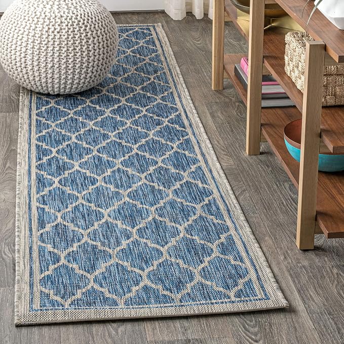 JONATHAN Y Moroccan Trellis Indoor Outdoor Runner Rug 2X10 Navy/Gray, Trebol Textured Weave for Backyard, Patio, Porch, Easy-Cleaning, High Traffic, Pet-Friendly, Non-Shedding (SMB109D-210)