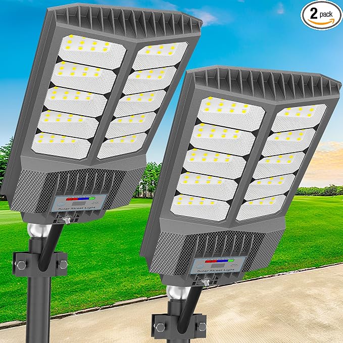 loyoele Solar Street Light with Pole Mount, Dusk-to-Dawn Outdoor LED, 300000 LM, 7000K IP67 Waterproof, Adjustable Modes, for Yard, Parking Lot, Street, Pathway