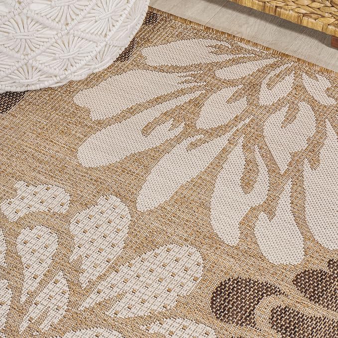 JONATHAN Y Floral Textured Weave Indoor Outdoor Round Area Rug 4 Ft Brown/Cream, Zinnia Modern for Backyard, Patio, Porch, Easy-Cleaning, High Traffic, Pet-Friendly, Non-Shedding (SMB110I-4R)