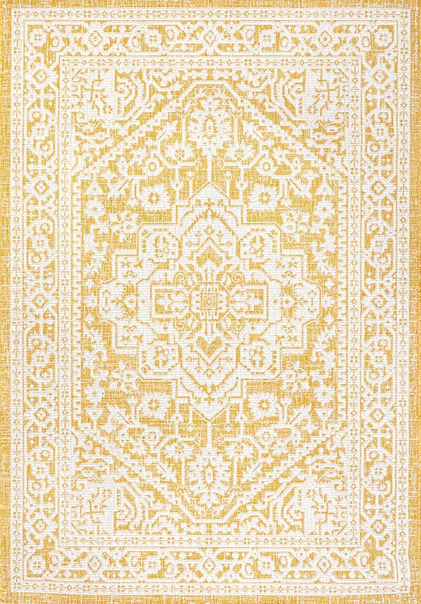 JONATHAN Y Medallion Weave Indoor Outdoor Area Rug 3X5 Yellow/Cream, Sinjuri Textured for Backyard, Patio, Porch, Easy-Cleaning, High Traffic, Pet-Friendly, Non-Shedding (SMB101I-3)