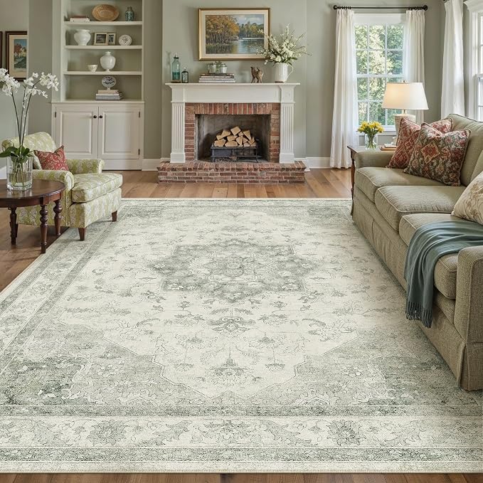 Green 6x9 Washable Area Rug Living Room Vintage Oriental Carpet | Soft Low Pile, Non Slip, Stain Resistant, Floral Medallion, Neutral Retro Decor for Bedroom, Dining Room, Kids Room, Office
