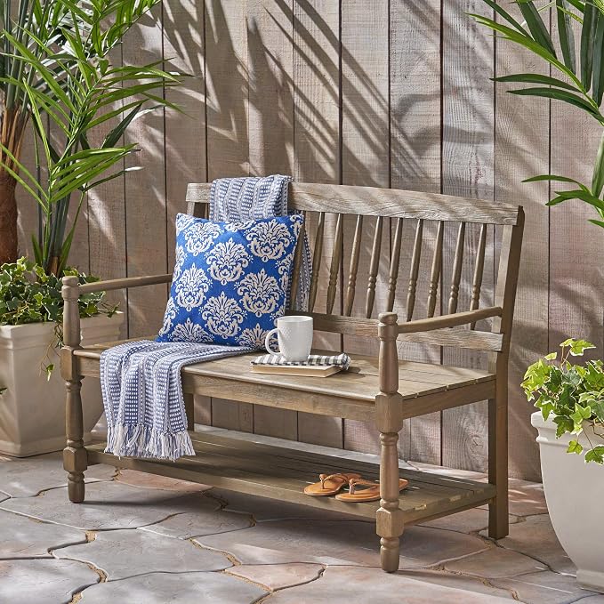Christopher Knight Home Great Deal Furniture Christopher Knight Home Cody Outdoor Acacia Wood Bench with Shelf, Gray Finish